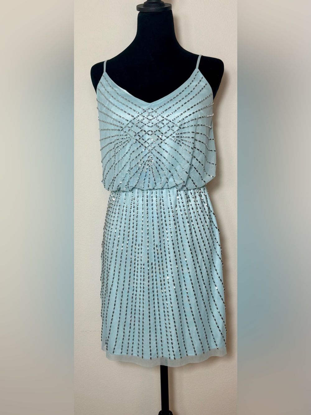 XSCAPE Ice Blue Silver Beaded Blouson Party Dress with Adjustable Straps, Size 6